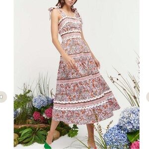 CeliaB Floki Dress - Pink Red Floral Tiered - Romantic Cotton Blend Size L NWT